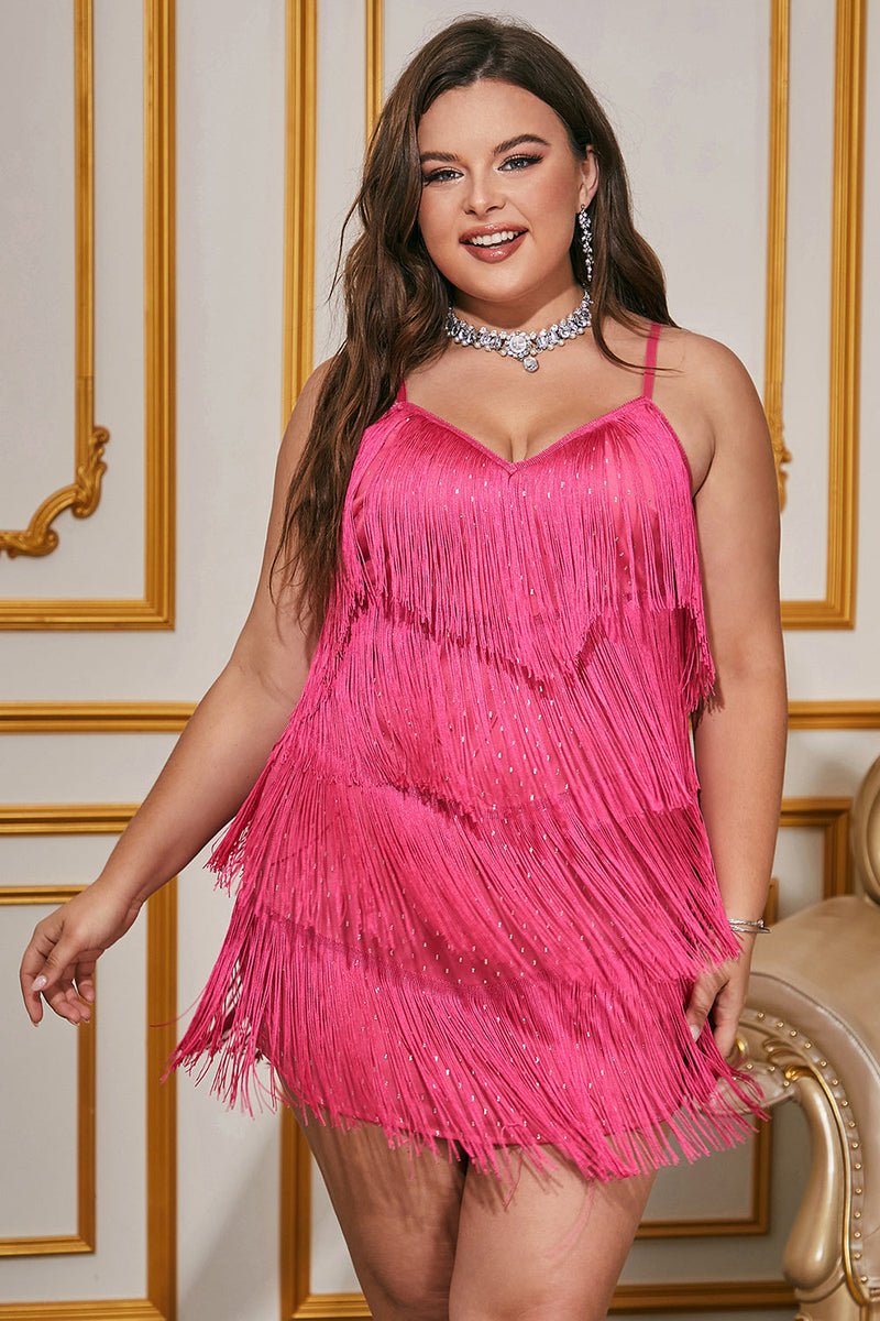 Laden Sie das Bild in den Galerie-Viewer, Hot Pink Glitzernde Spaghettiträger Kurzes Plus-Size Cocktailkleid mit Fransen