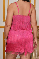 Laden Sie das Bild in den Galerie-Viewer, Hot Pink Glitzernde Spaghettiträger Kurzes Plus-Size Cocktailkleid mit Fransen