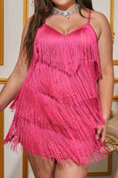 Laden Sie das Bild in den Galerie-Viewer, Hot Pink Glitzernde Spaghettiträger Kurzes Plus-Size Cocktailkleid mit Fransen
