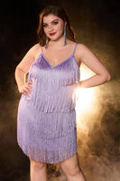 Laden Sie das Bild in den Galerie-Viewer, Hot Pink Glitzernde Spaghettiträger Kurzes Plus-Size Cocktailkleid mit Fransen