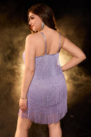 Laden Sie das Bild in den Galerie-Viewer, Hot Pink Glitzernde Spaghettiträger Kurzes Plus-Size Cocktailkleid mit Fransen