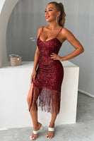 Laden Sie das Bild in den Galerie-Viewer, Burgundy kurzes Abiballkleid mit funkelnden Pailletten und Fransen