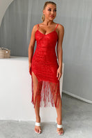 Laden Sie das Bild in den Galerie-Viewer, Burgundy kurzes Abiballkleid mit funkelnden Pailletten und Fransen