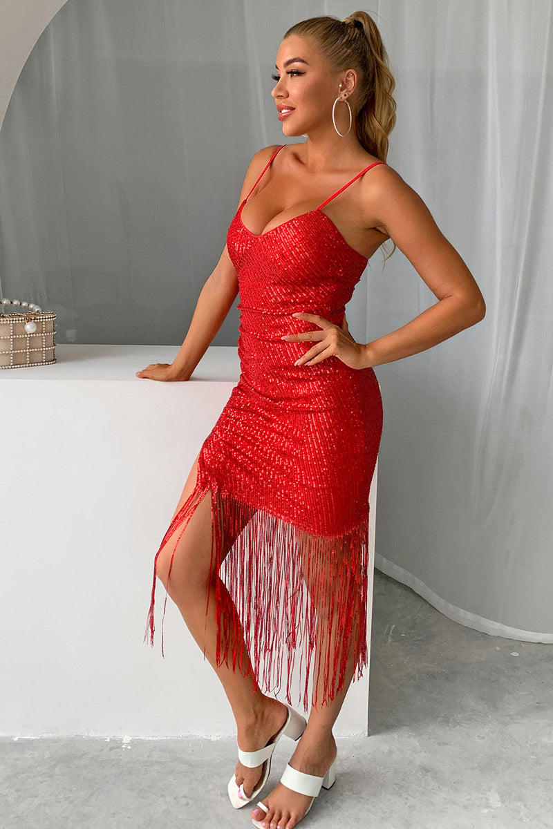 Laden Sie das Bild in den Galerie-Viewer, Burgundy kurzes Abiballkleid mit funkelnden Pailletten und Fransen