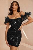 Laden Sie das Bild in den Galerie-Viewer, Glitzerndes Schwarzes Bodycon Korsett Kurzes Cocktailkleid mit Rüschen