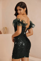 Laden Sie das Bild in den Galerie-Viewer, Glitzerndes Schwarzes Bodycon Korsett Kurzes Cocktailkleid mit Rüschen