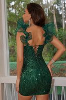 Laden Sie das Bild in den Galerie-Viewer, Glitzerndes Schwarzes Bodycon Korsett Kurzes Cocktailkleid mit Rüschen