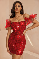 Laden Sie das Bild in den Galerie-Viewer, Glitzerndes Schwarzes Bodycon Korsett Kurzes Cocktailkleid mit Rüschen