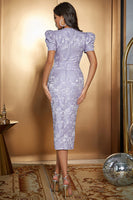 Laden Sie das Bild in den Galerie-Viewer, Lavendel Langes Geblümtes Cocktailkleid aus Satin mit Puffärmeln und Schlitz