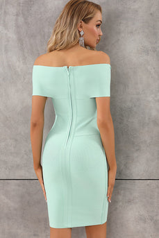 Mintgrünes Kurzes Etui Schulterfreies Cocktailkleid aus Satin