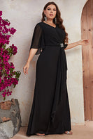 Laden Sie das Bild in den Galerie-Viewer, Plus Size Schwarzes Chiffon Kleid für die Brautmutter mit Rüschen