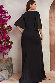 Plus Size Schwarzes Chiffon Kleid für die Brautmutter mit Rüschen