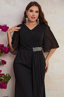 Laden Sie das Bild in den Galerie-Viewer, Plus Size Schwarzes Chiffon Kleid für die Brautmutter mit Rüschen