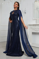 Laden Sie das Bild in den Galerie-Viewer, Funkelndes Marineblaues Meerjungfrauen Perlen Kleid für die Brautmutter mit Umhang