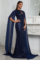 Laden Sie das Bild in den Galerie-Viewer, Funkelndes Marineblaues Meerjungfrauen Perlen Kleid für die Brautmutter mit Umhang