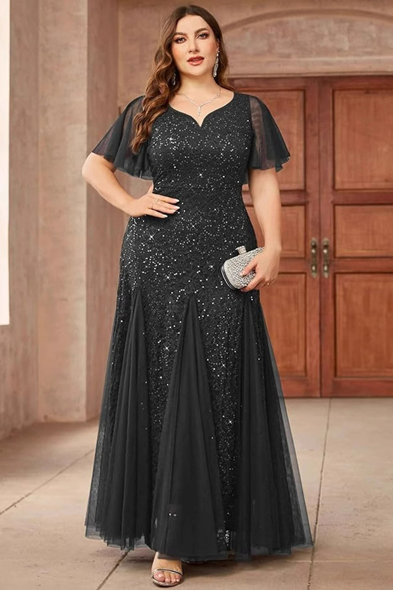 Laden Sie das Bild in den Galerie-Viewer, Funkelndes Schwarzes Plus Size Langes Brautmutterkleid mit Applikationen