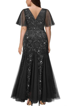Funkelndes Schwarzes Plus Size Langes Brautmutterkleid mit Applikationen