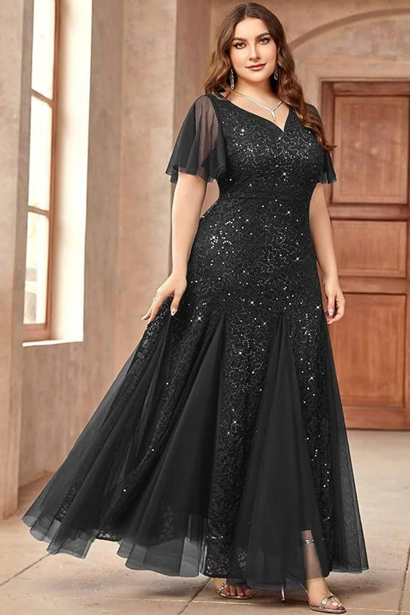 Laden Sie das Bild in den Galerie-Viewer, Funkelndes Schwarzes Plus Size Langes Brautmutterkleid mit Applikationen