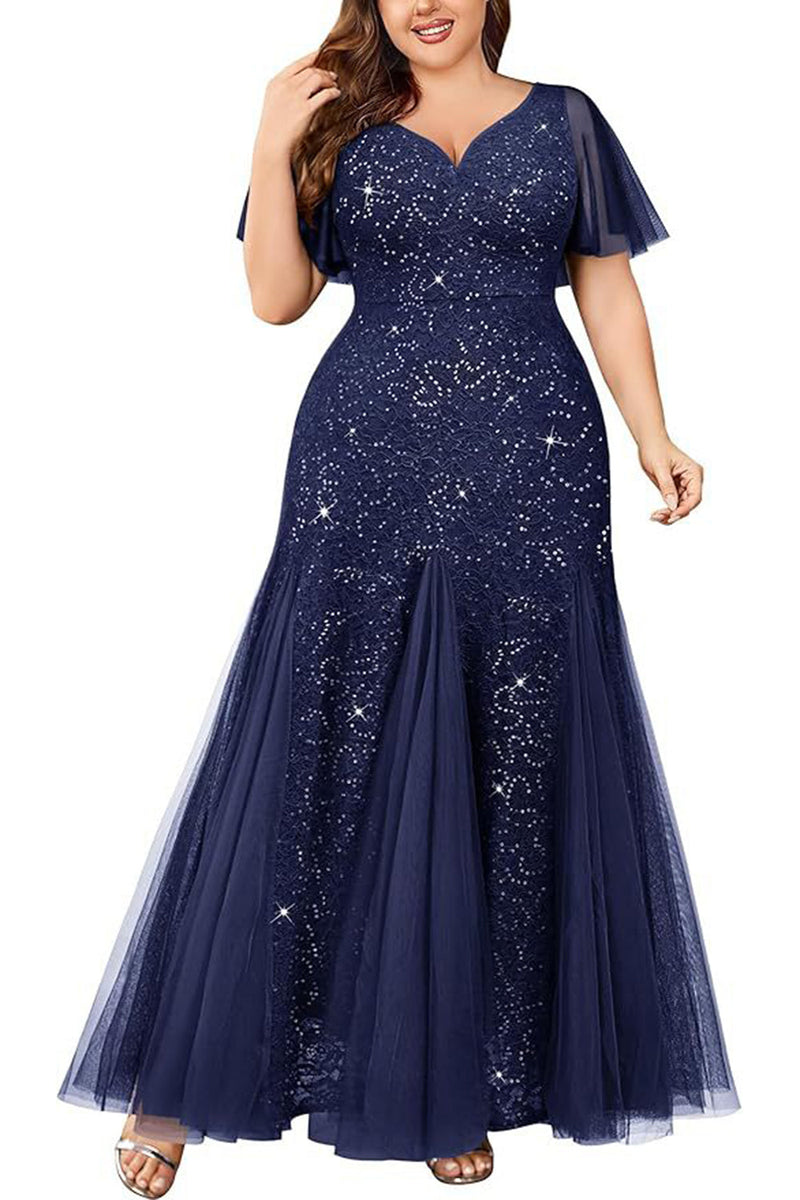 Laden Sie das Bild in den Galerie-Viewer, Funkelndes Schwarzes Plus Size Langes Brautmutterkleid mit Applikationen