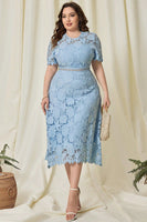 Laden Sie das Bild in den Galerie-Viewer, Himmelblaues Teelänge Spitze Brautmutterkleid in Übergröße