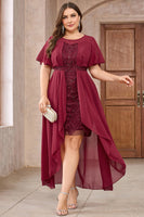 Laden Sie das Bild in den Galerie-Viewer, Burgundy Chiffon High-Low Brautmutterkleid mit Spitze