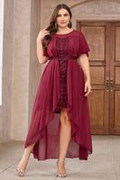 Laden Sie das Bild in den Galerie-Viewer, Burgundy Chiffon High-Low Brautmutterkleid mit Spitze