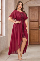 Laden Sie das Bild in den Galerie-Viewer, Burgundy Chiffon High-Low Brautmutterkleid mit Spitze