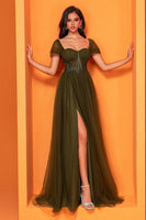 Laden Sie das Bild in den Galerie-Viewer, Olive Korsett A Linie Langes Kleid der Brautmutter mit Schlitz