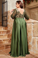 Laden Sie das Bild in den Galerie-Viewer, Olivgrünes Plus Size Satin Langes Brautmutterkleid mit Applikationen