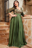 Laden Sie das Bild in den Galerie-Viewer, Olivgrünes Plus Size Satin Langes Brautmutterkleid mit Applikationen