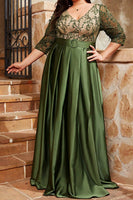 Laden Sie das Bild in den Galerie-Viewer, Olivgrünes Plus Size Satin Langes Brautmutterkleid mit Applikationen