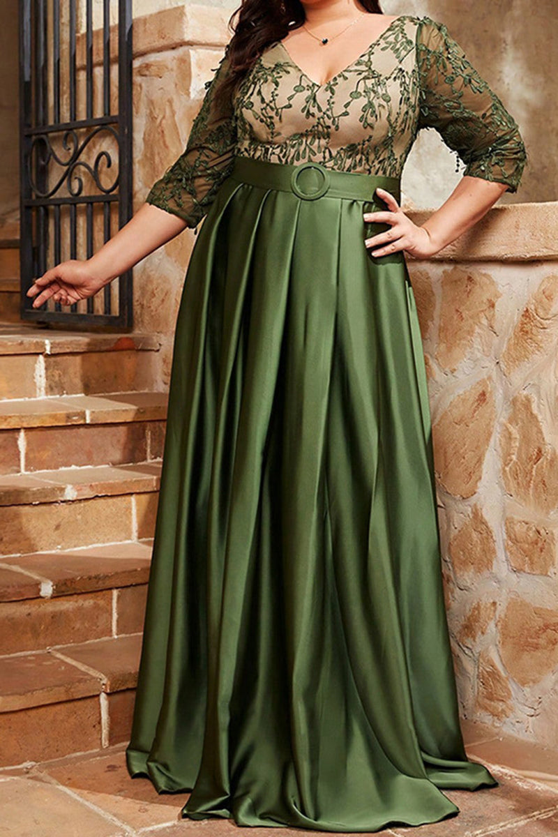 Laden Sie das Bild in den Galerie-Viewer, Olivgrünes Plus Size Satin Langes Brautmutterkleid mit Applikationen