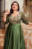 Laden Sie das Bild in den Galerie-Viewer, Olivgrünes Plus Size Satin Langes Brautmutterkleid mit Applikationen