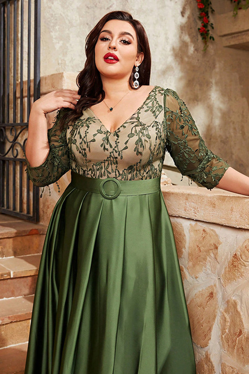 Laden Sie das Bild in den Galerie-Viewer, Olivgrünes Plus Size Satin Langes Brautmutterkleid mit Applikationen