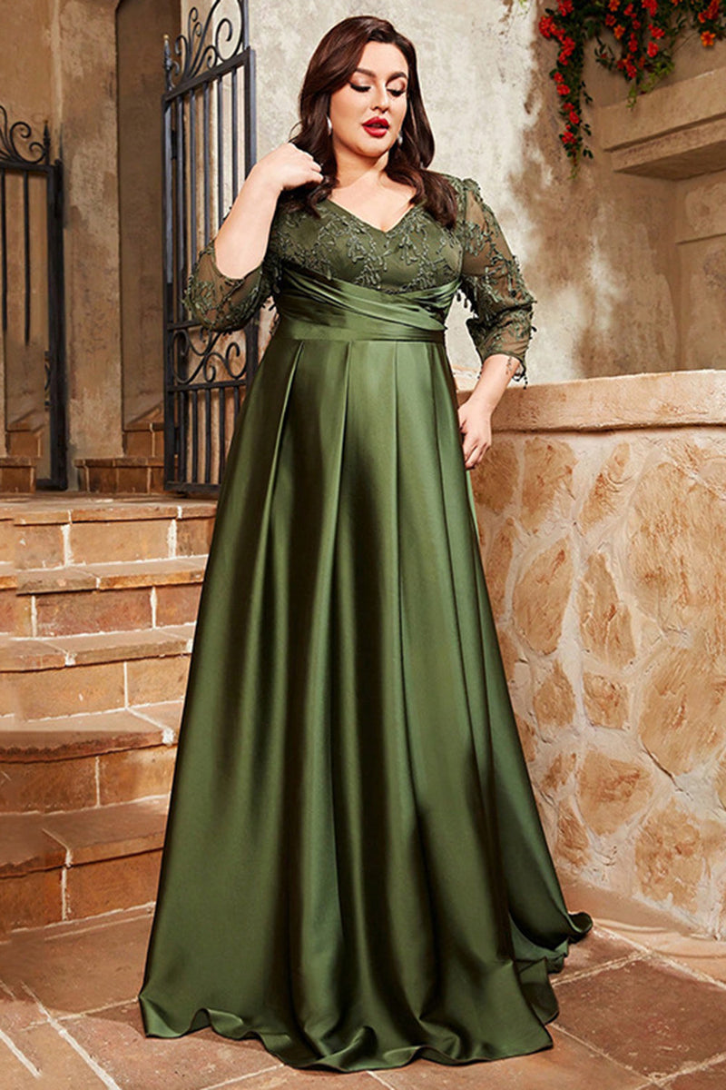 Laden Sie das Bild in den Galerie-Viewer, Olive Satin A-Linie Kleid für die Brautmutter mit Applikationen