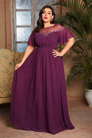 Laden Sie das Bild in den Galerie-Viewer, Trauben Chiffon Langes Kleid für die Brautmutter mit U-Boot-Ausschnitt
