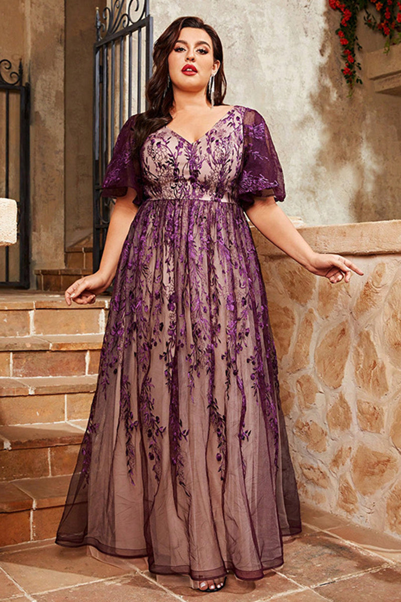 Laden Sie das Bild in den Galerie-Viewer, Lila A Linie Langes Kleid der Brautmutter mit Applikationen