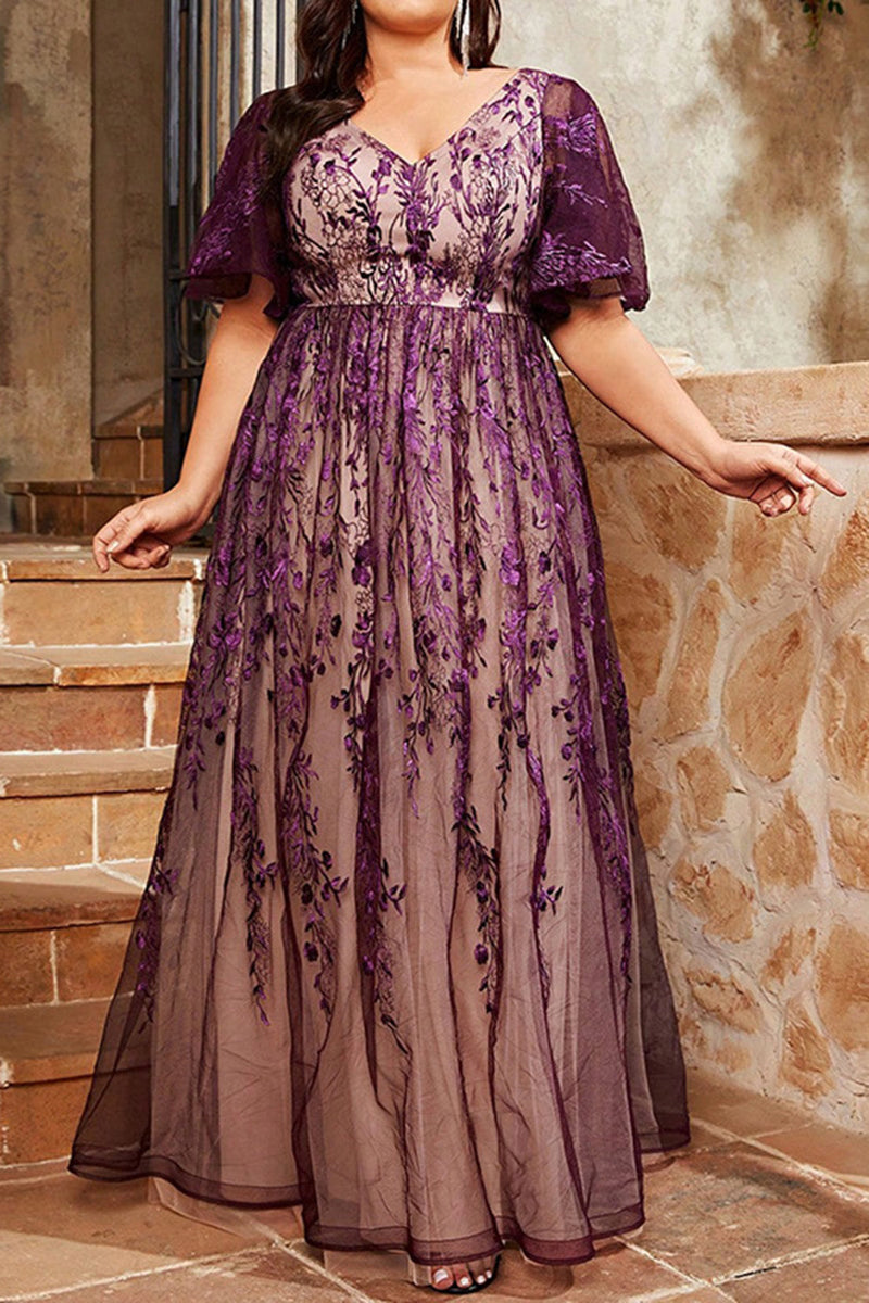 Laden Sie das Bild in den Galerie-Viewer, Lila A Linie Langes Kleid der Brautmutter mit Applikationen