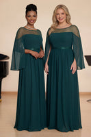Laden Sie das Bild in den Galerie-Viewer, Pfauenblaues A-Linie Langarmiges Chorkleid mit Perlen