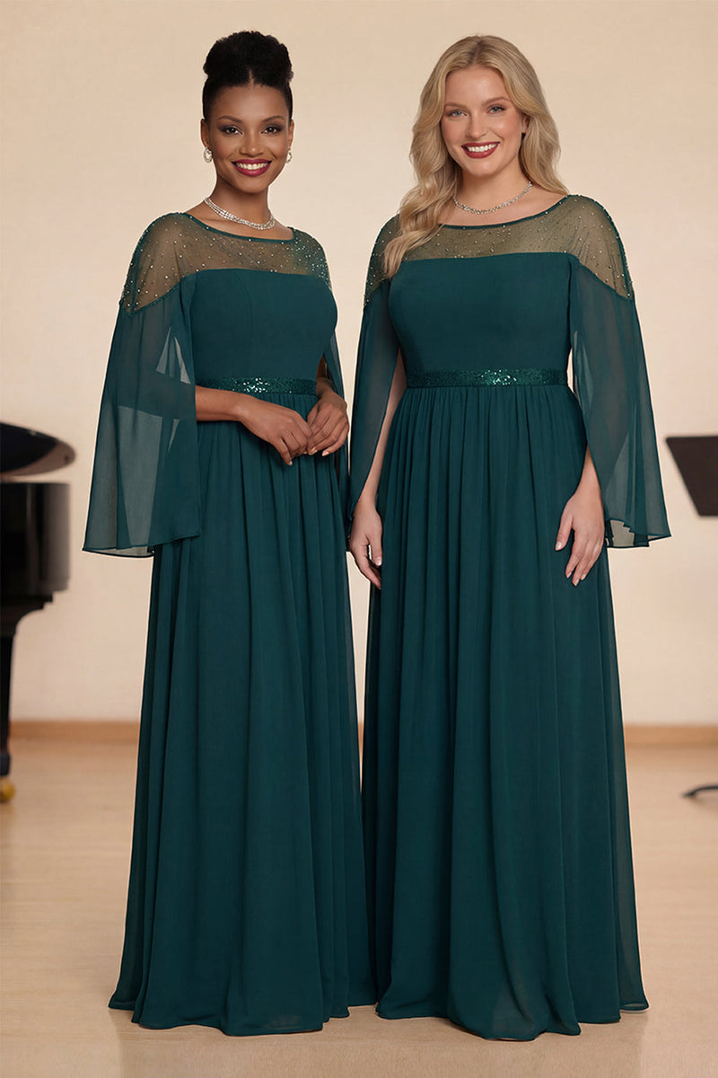 Laden Sie das Bild in den Galerie-Viewer, Pfauenblaues A-Linie Langarmiges Chorkleid mit Perlen