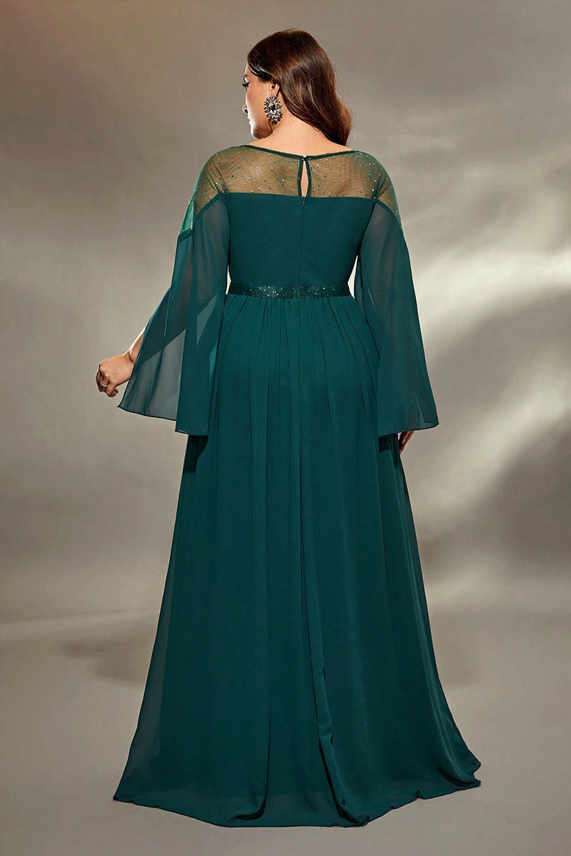 Laden Sie das Bild in den Galerie-Viewer, Glitzerndes Pfau Blauer Chiffon Langes Brautmutterkleid mit Perlenstickerei