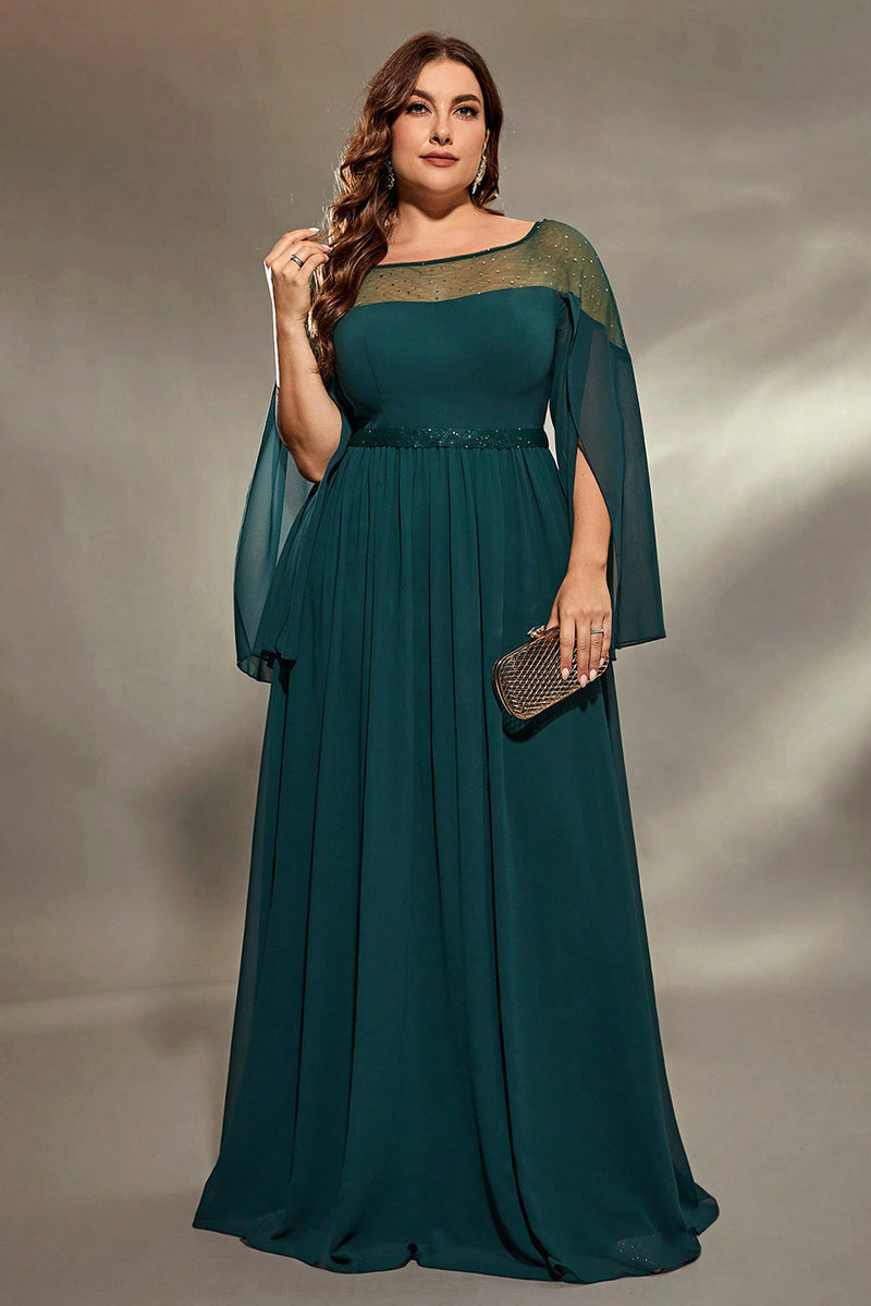 Laden Sie das Bild in den Galerie-Viewer, Glitzerndes Pfau Blauer Chiffon Langes Brautmutterkleid mit Perlenstickerei