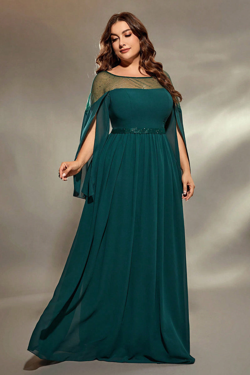 Laden Sie das Bild in den Galerie-Viewer, Glitzerndes Pfau Blauer Chiffon Langes Brautmutterkleid mit Perlenstickerei