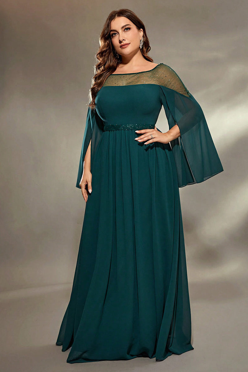 Laden Sie das Bild in den Galerie-Viewer, Glitzerndes Pfau Blauer Chiffon Langes Brautmutterkleid mit Perlenstickerei