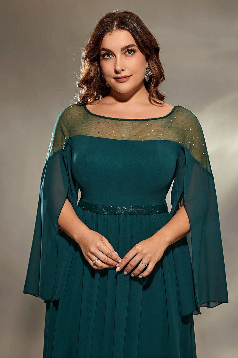 Laden Sie das Bild in den Galerie-Viewer, Glitzerndes Pfau Blauer Chiffon Langes Brautmutterkleid mit Perlenstickerei