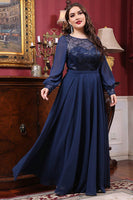 Laden Sie das Bild in den Galerie-Viewer, Marineblaues Chiffon A-Linie Langarm Kleid für die Brautmutter