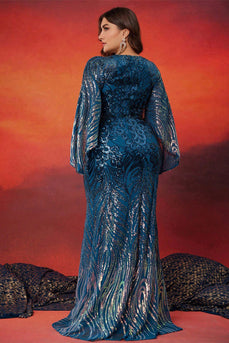 Glitzerndes Pfauenblaues Meerjungfrauen Kleid für die Brautmutter