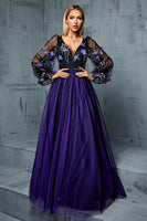 Laden Sie das Bild in den Galerie-Viewer, Blumen Marine A Linie Langes Tüll Kleid für die Brautmutter