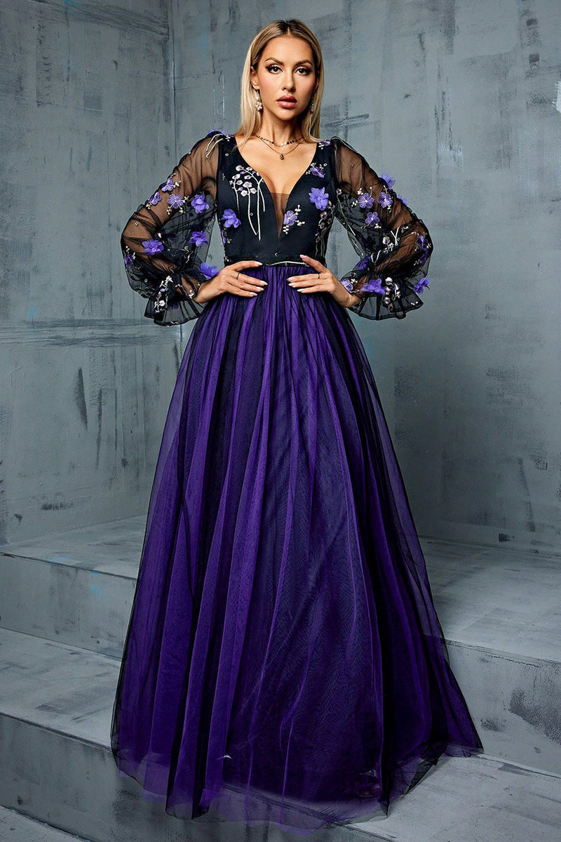 Laden Sie das Bild in den Galerie-Viewer, Blumen Marine A Linie Langes Tüll Kleid für die Brautmutter