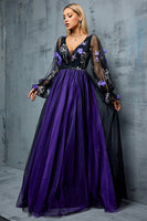 Laden Sie das Bild in den Galerie-Viewer, Blumen Marine A Linie Langes Tüll Kleid für die Brautmutter